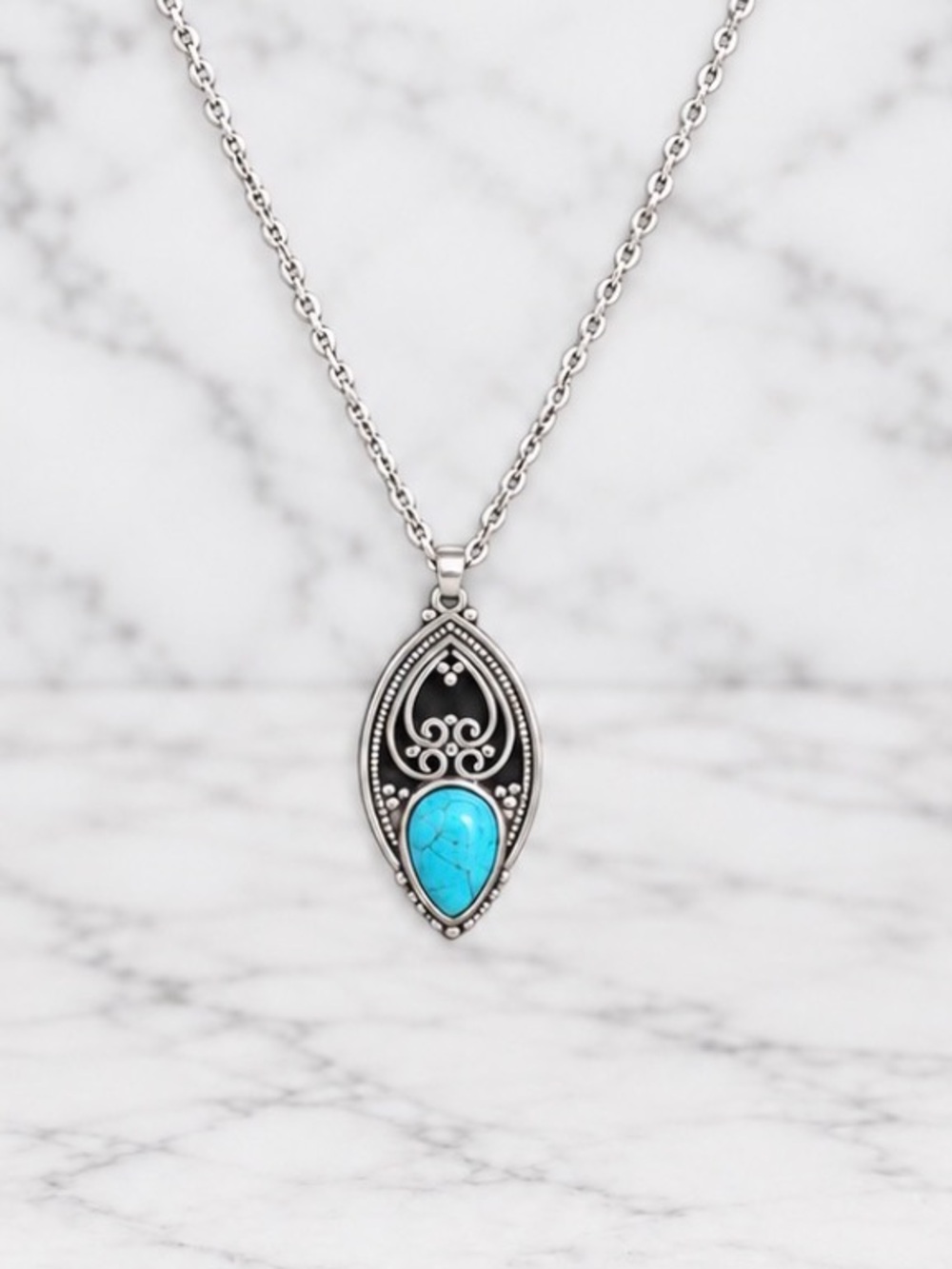 Turquoise Teardrop Pendant Necklace & Earrings Set - Silver Tone Hardware